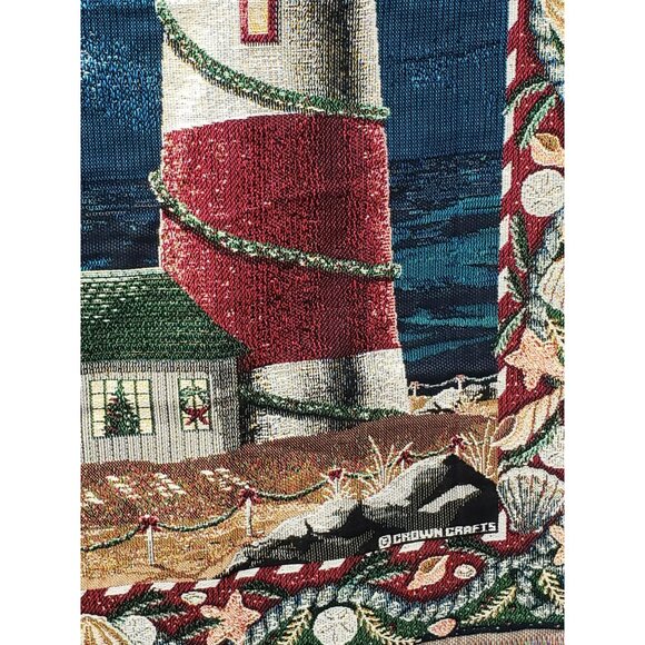 Christmas Lighthouse Woven Tapestry Throw Crown Crafts 58" X 48" Coastal Holiday - Picture 4 of 8
